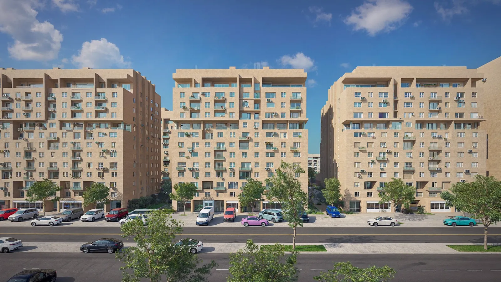 Residential streets and buildings in International City, Dubai, served for AC repair