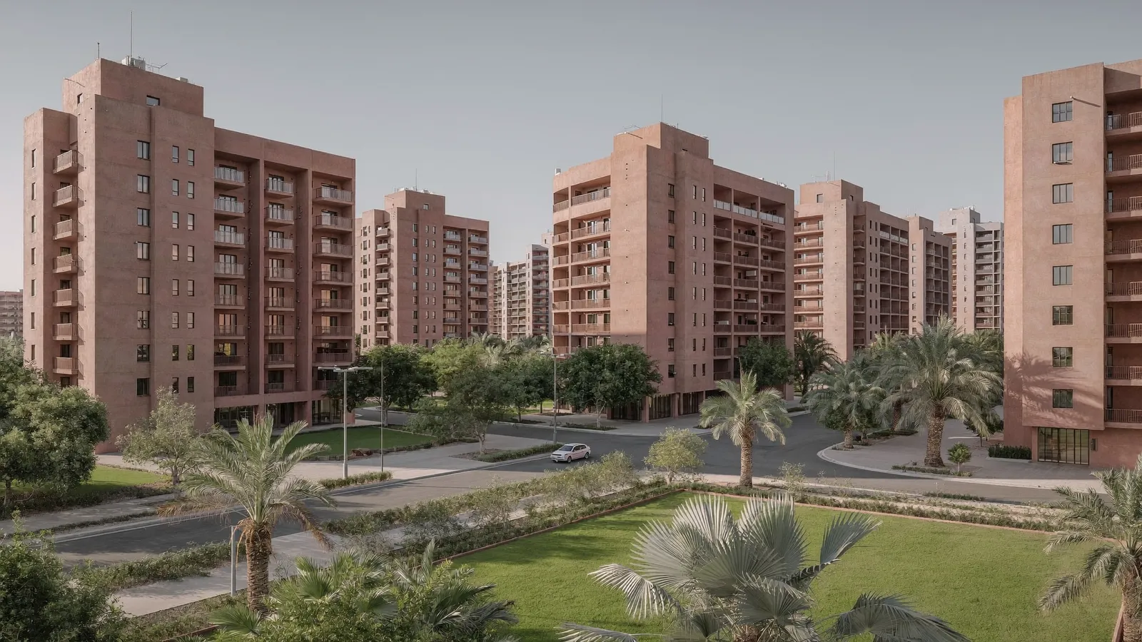 Residential streets and buildings in Motor City, Dubai, served for AC repair