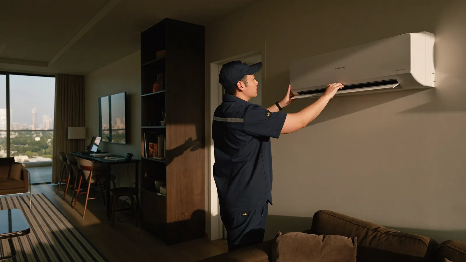 Technician checking a wall-mounted split AC in a JVC apartment living room