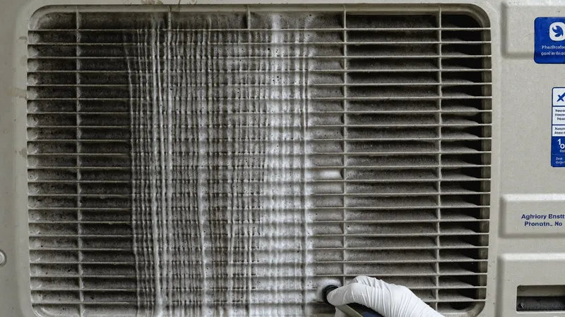 Foaming cleaner on a dirty AC evaporator coil, half cleaned