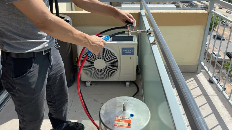 Manifold gauges connected to an outdoor unit for an AC gas refill